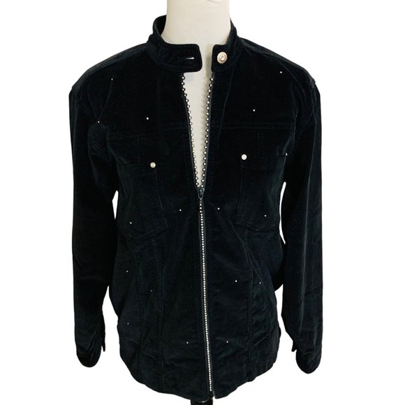 Quacker Factory Corduroy Rhinestone Jacket Size S Black Edgy Trucker Biker Sexy - Picture 3 of 12